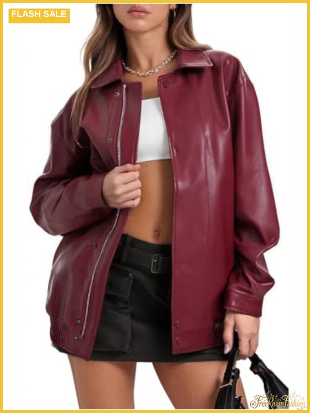 Women's Oversized Faux Leather Moto Biker Bomber Jacket Zip Up Coat